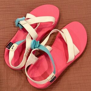 Chaco Pink Sandals with White and Blue Straps